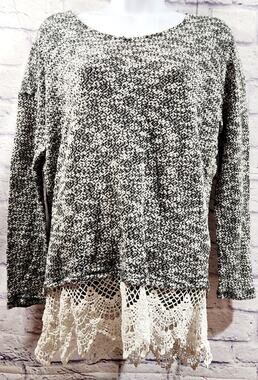 EZ Clothing Black White Knitted Sweater Top With Crochet Lace Trim Medium Soft